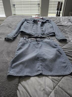 Light Blue Women's Cropped Jean Jacket and Skirt Set